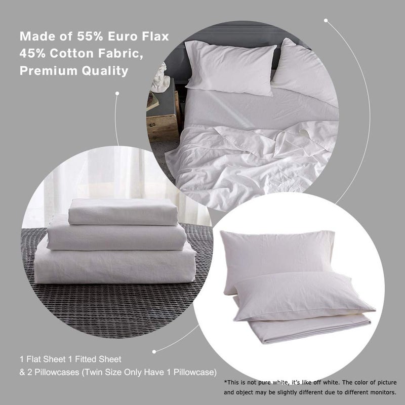 Simple&Opulence Belgian Linen Sheet Set Solid Color - 4 Pieces (1 Flat Sheet, 1 Fitted Sheet & 2 Pillowcases) Natural Flax Cotton Blend Soft Breathable Farmhouse Bedding - Full Size, White - Image 4
